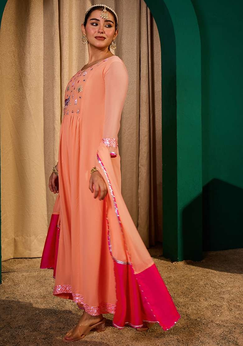 Peach Embroidery Georgette Kurta Set - Indya