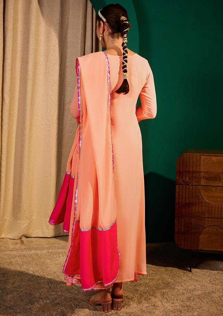 Peach Embroidery Georgette Kurta Set - Indya