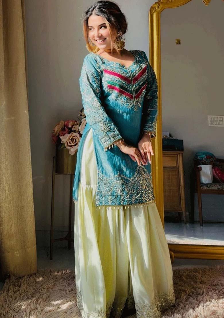 Rust Embroidery Silk Kurta Set - Indya