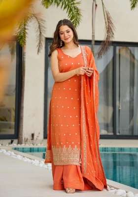 Orange Embroidery Silk Palazzo Set