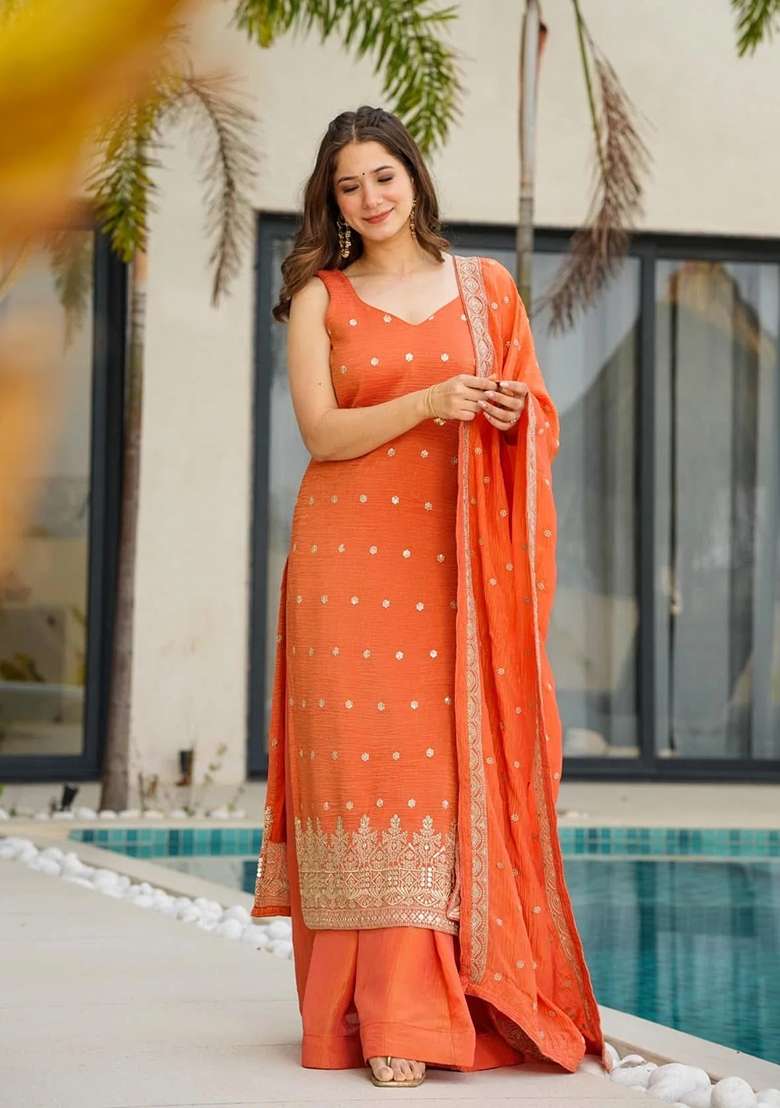 Orange Embroidery Silk Palazzo Set - Indya