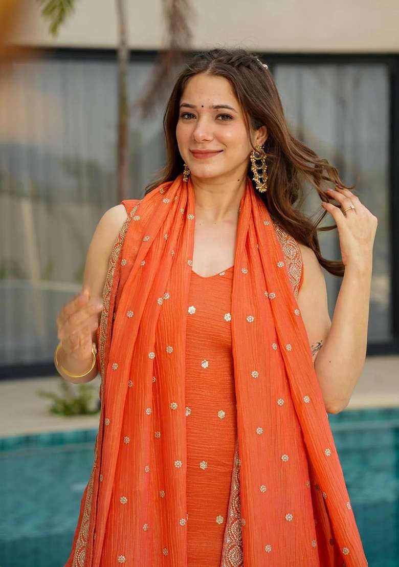 Orange Embroidery Silk Palazzo Set - Indya