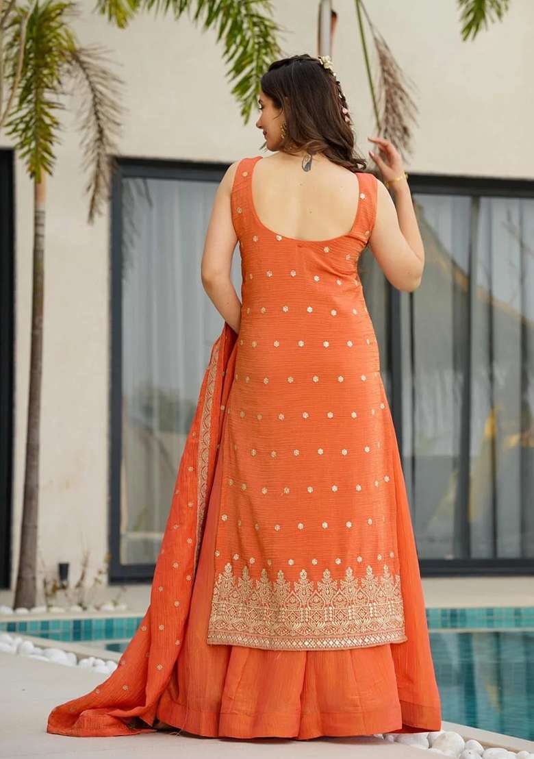 Orange Embroidery Silk Palazzo Set - Indya