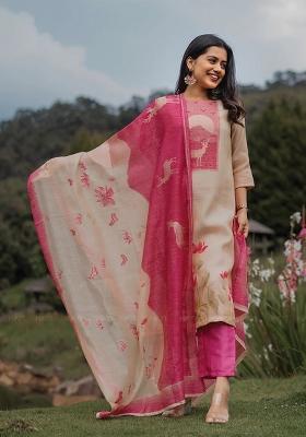 Cream Printed Silk Kurta Set