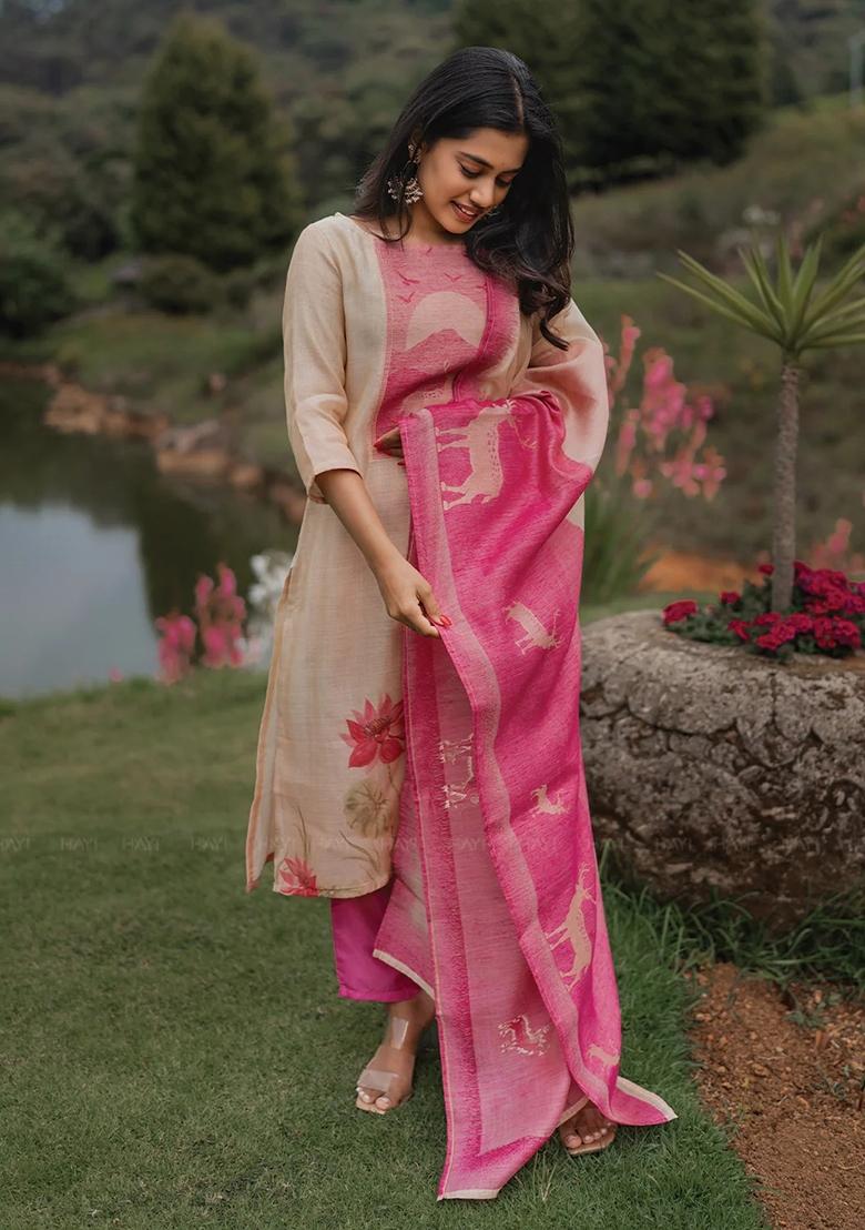 Cream Printed Silk Kurta Set - Indya
