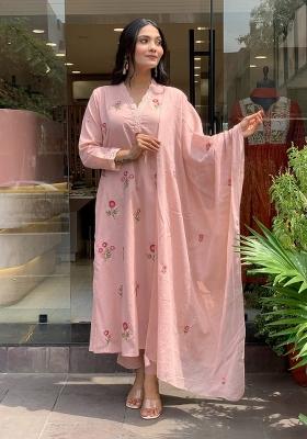 Peach Embroidery Chanderi Kurta Set