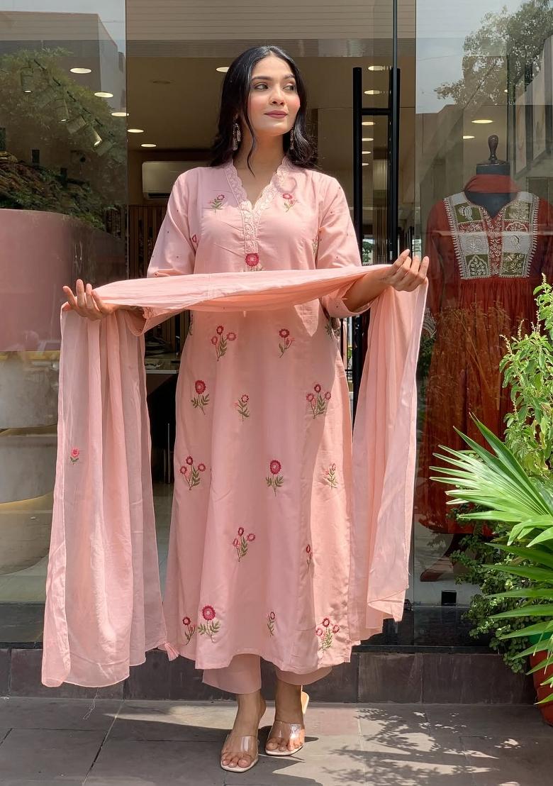 Peach Embroidery Chanderi Kurta Set - Indya