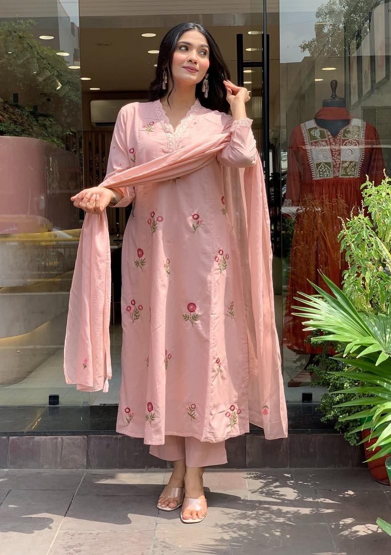 Peach Embroidery Chanderi Kurta Set - Indya