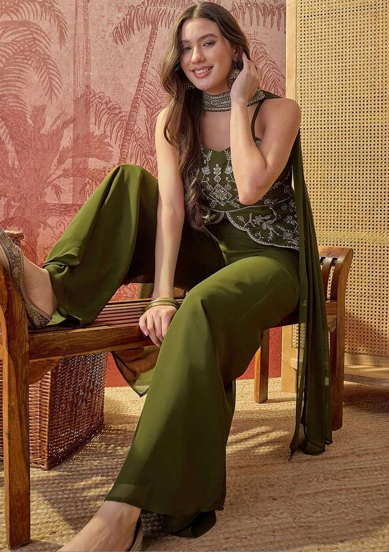 Green Embroidery Georgette Palazzo Set - Indya