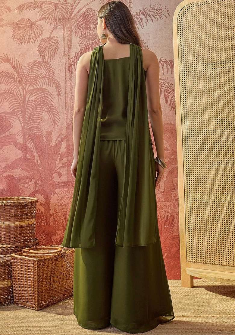 Green Embroidery Georgette Palazzo Set - Indya