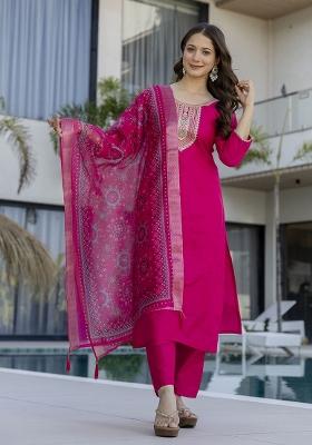Rani Pink Embroidery Cotton Kurta Set