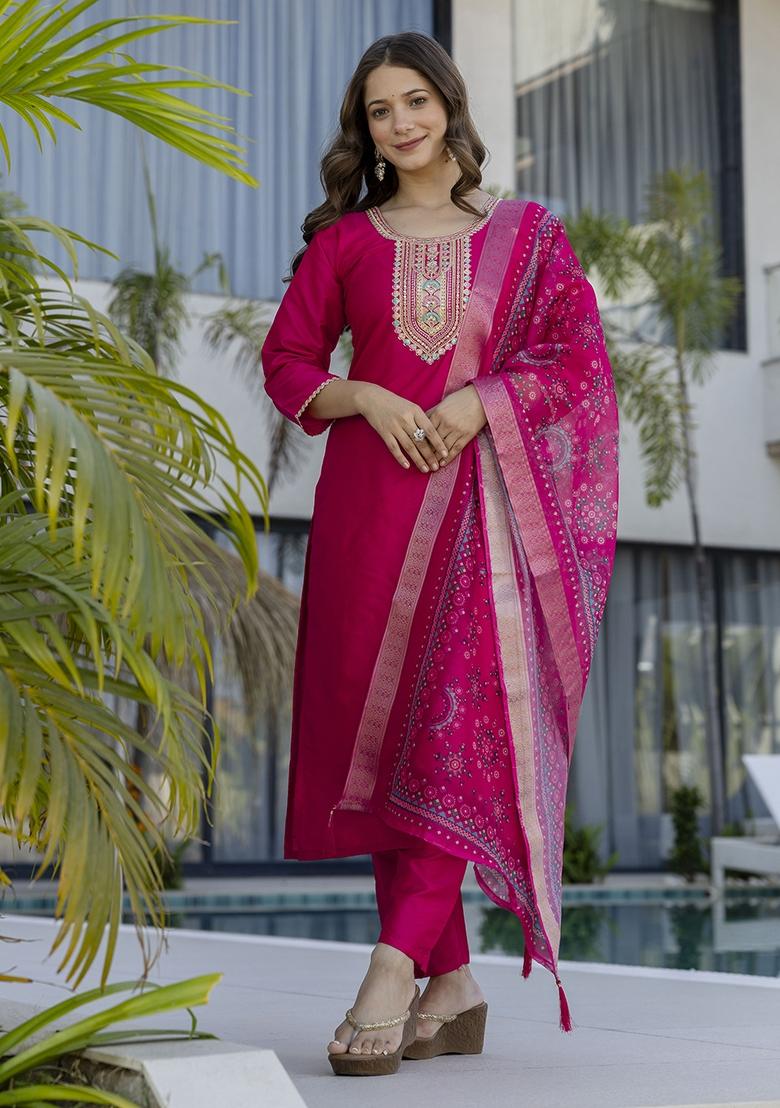 Rani Pink Embroidery Cotton Kurta Set - Indya