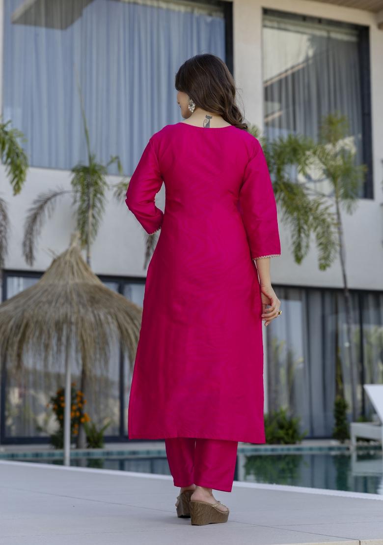 Rani Pink Embroidery Cotton Kurta Set - Indya