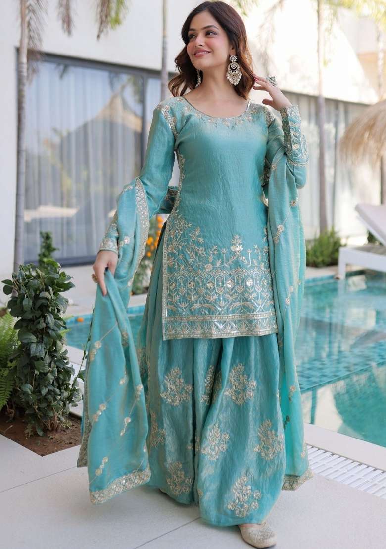 Sky Blue Embroidery Silk Palazzo Set - Indya