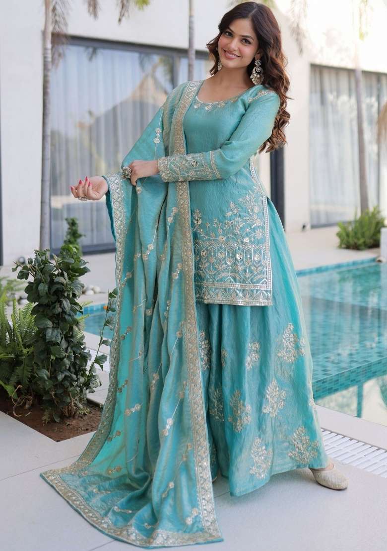 Sky Blue Embroidery Silk Palazzo Set - Indya