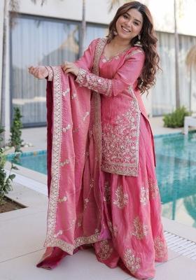 Pink Embroidery Silk Palazzo Set