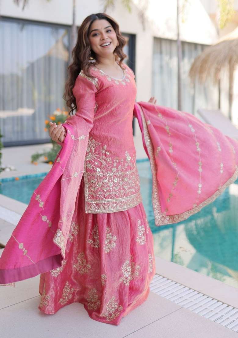 Pink Embroidery Silk Palazzo Set - Indya