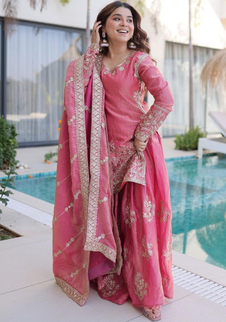 Pink Embroidery Silk Palazzo Set - Indya