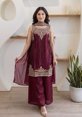 Maroon Embroidery Satin Palazzo Set