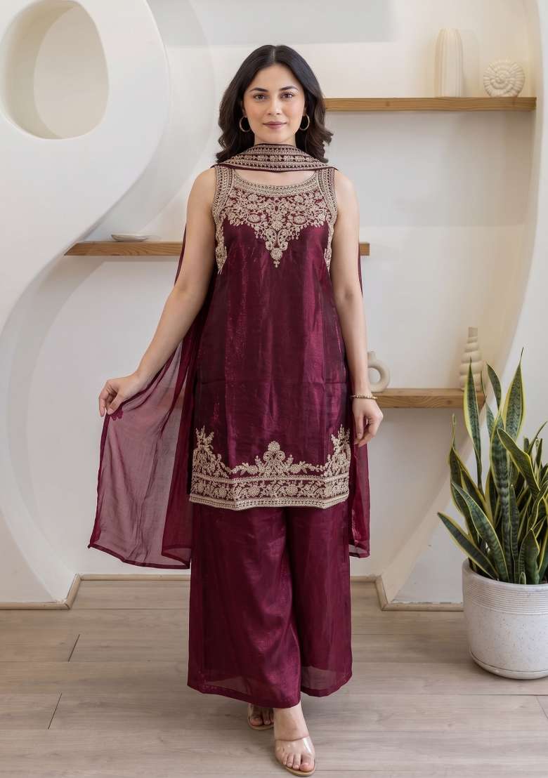 Maroon Embroidery Satin Palazzo Set - Indya