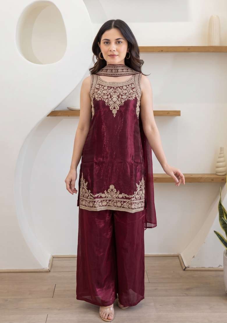 Maroon Embroidery Satin Palazzo Set - Indya