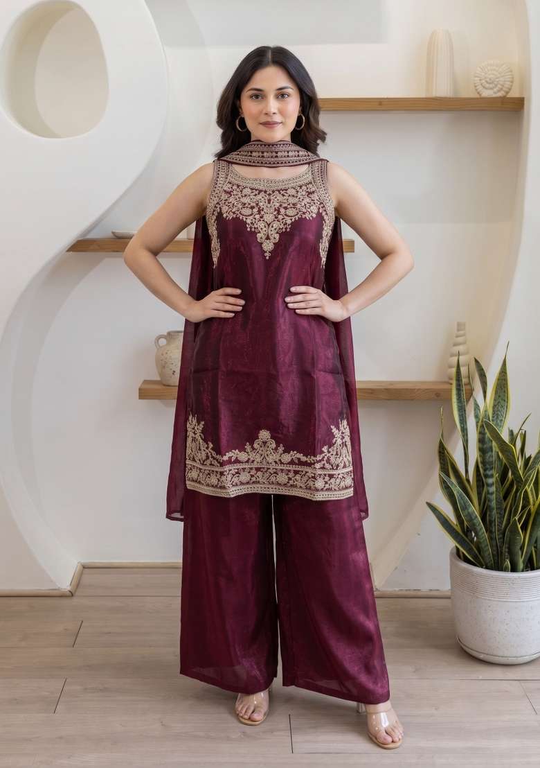 Maroon Embroidery Satin Palazzo Set - Indya
