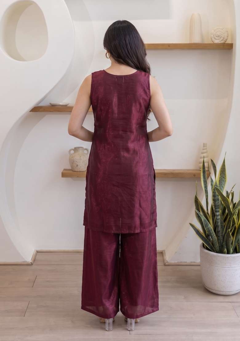 Maroon Embroidery Satin Palazzo Set - Indya