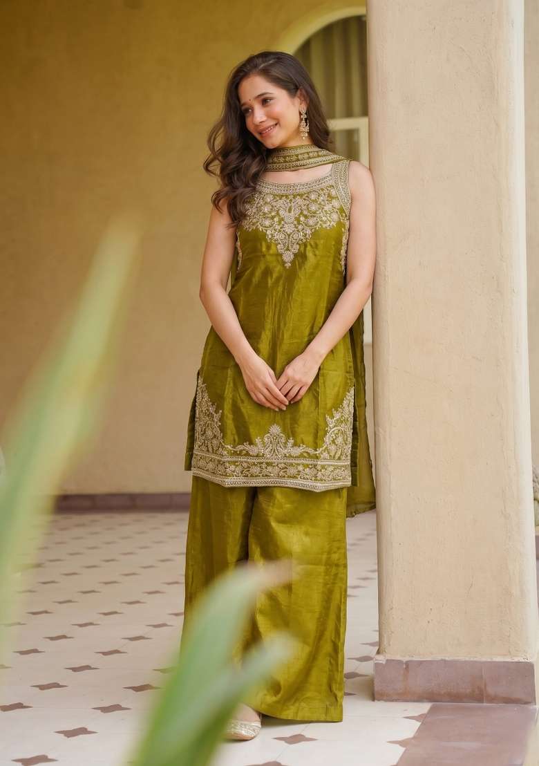 Olive Embroidery Satin Palazzo Set - Indya