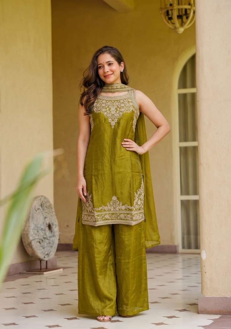 Olive Embroidery Satin Palazzo Set - Indya