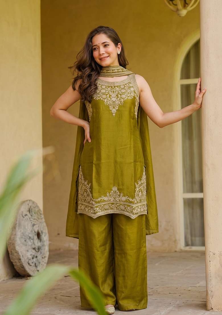 Olive Embroidery Satin Palazzo Set - Indya