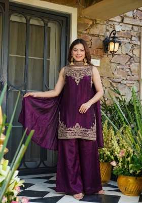 Wine Embroidery Satin Palazzo Set