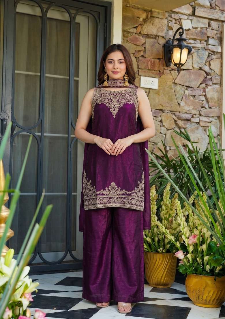 Wine Embroidery Satin Palazzo Set - Indya
