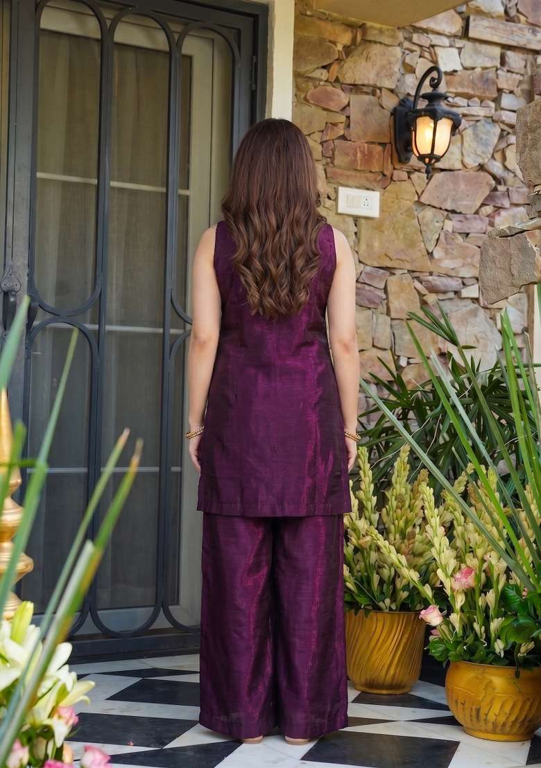 Wine Embroidery Satin Palazzo Set - Indya