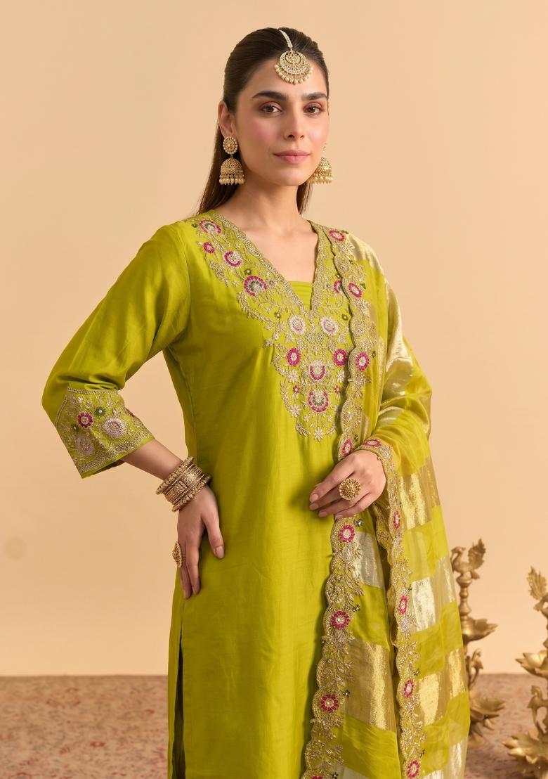 Light Green Embroidery Silk Kurta Set - Indya