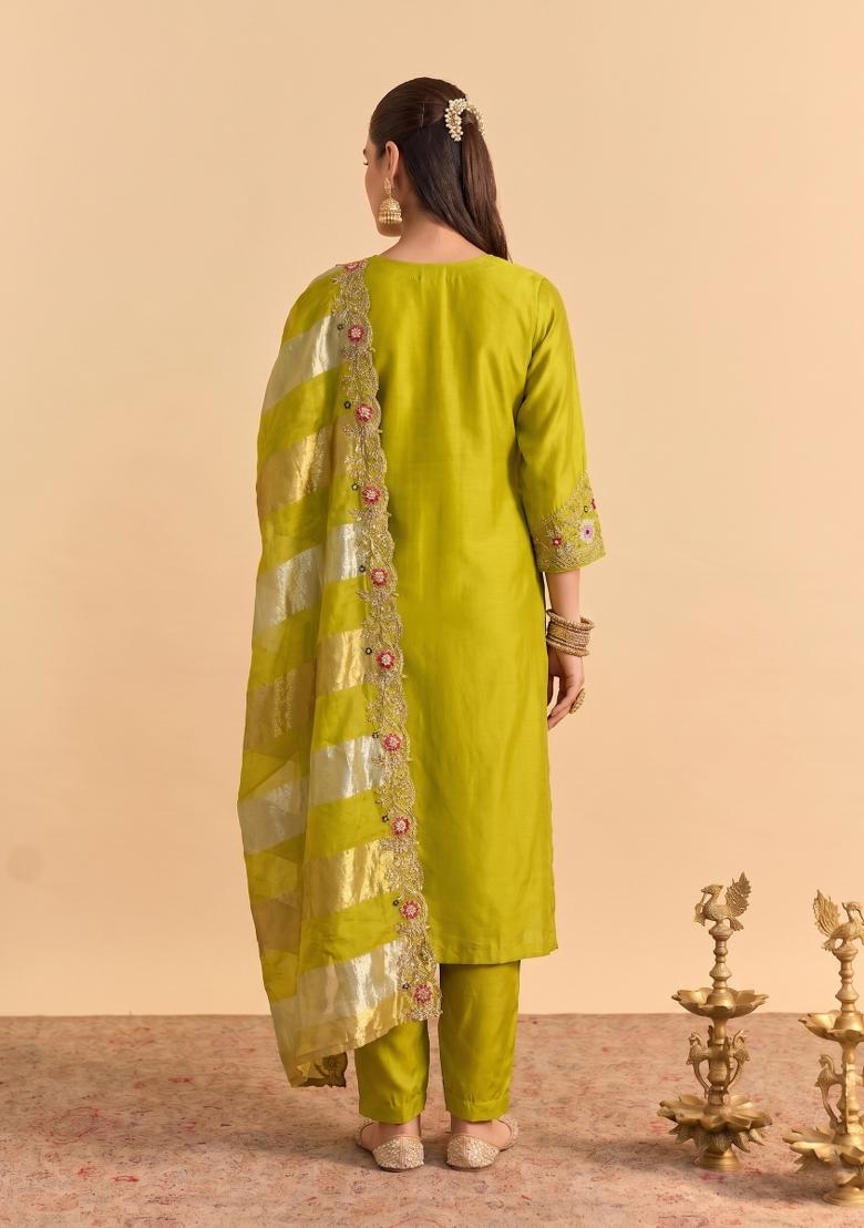 Light Green Embroidery Silk Kurta Set - Indya