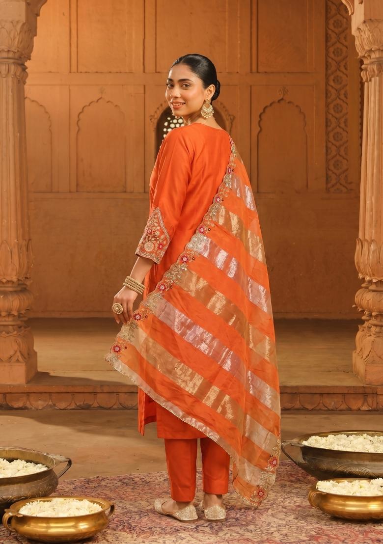 Rust Embroidery Silk Kurta Set - Indya