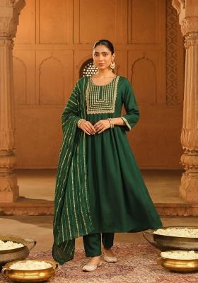 Dark Green Embroidery Silk Kurta Set