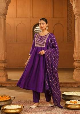 Violet Embroidery Silk Kurta Set