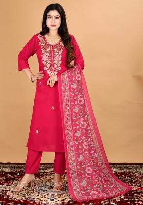 Red Embroidery Mul Chanderi Kurta Set