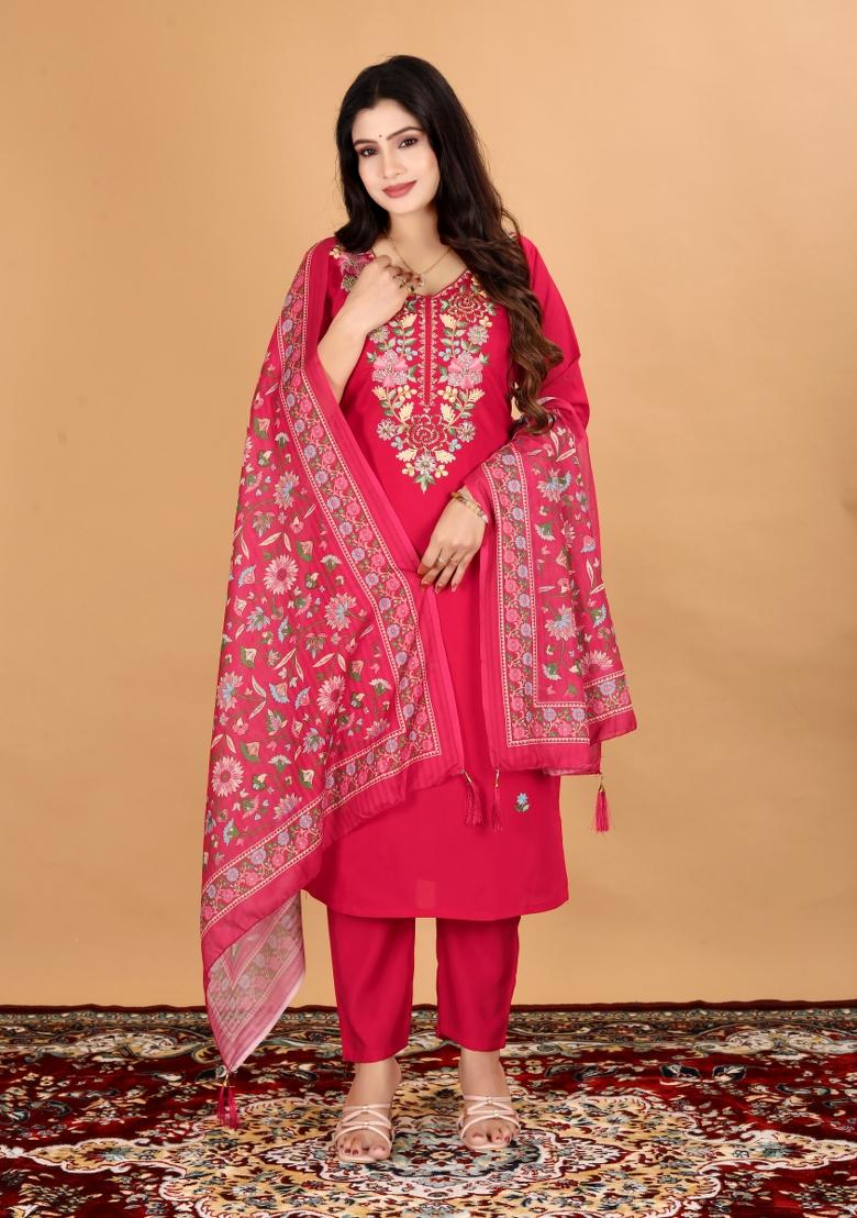 Red Embroidery Mul Chanderi Kurta Set - Indya