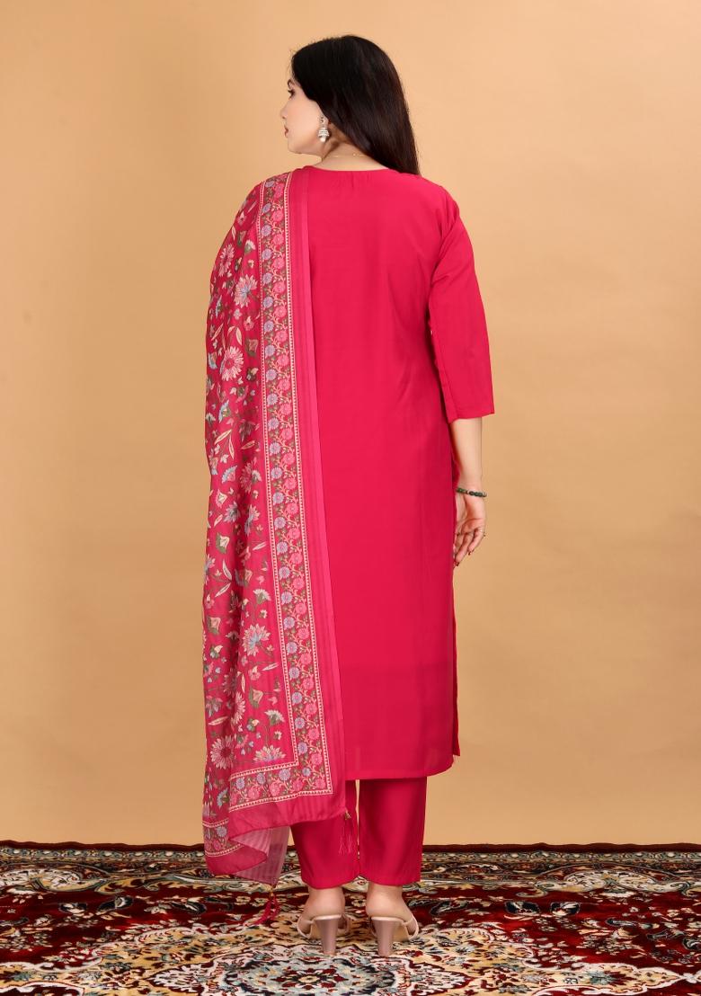 Red Embroidery Mul Chanderi Kurta Set - Indya