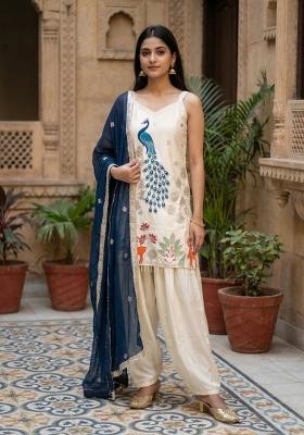 Off White Embroidery Crepe Palazzo Set