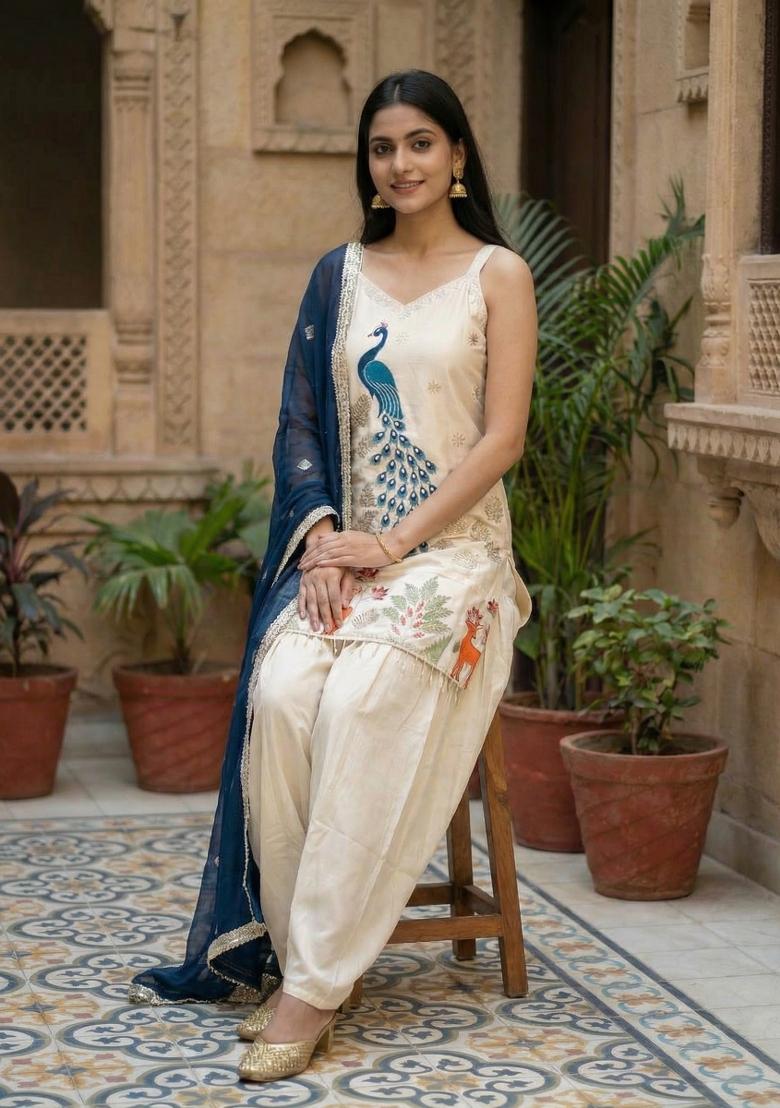 Off White Embroidery Crepe Palazzo Set - Indya