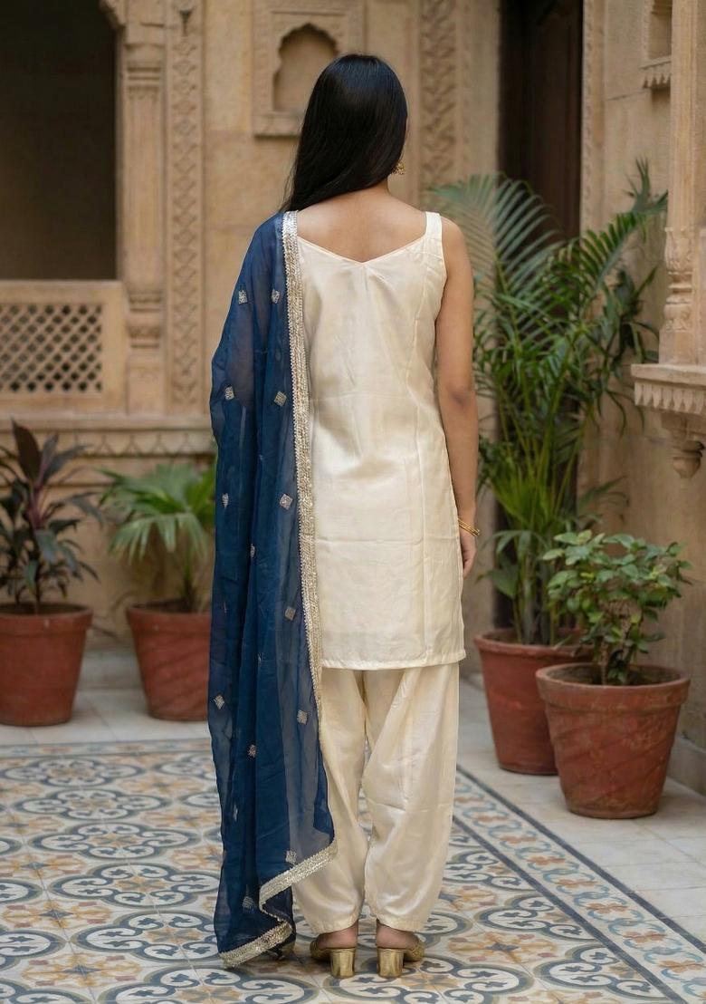 Off White Embroidery Crepe Palazzo Set - Indya