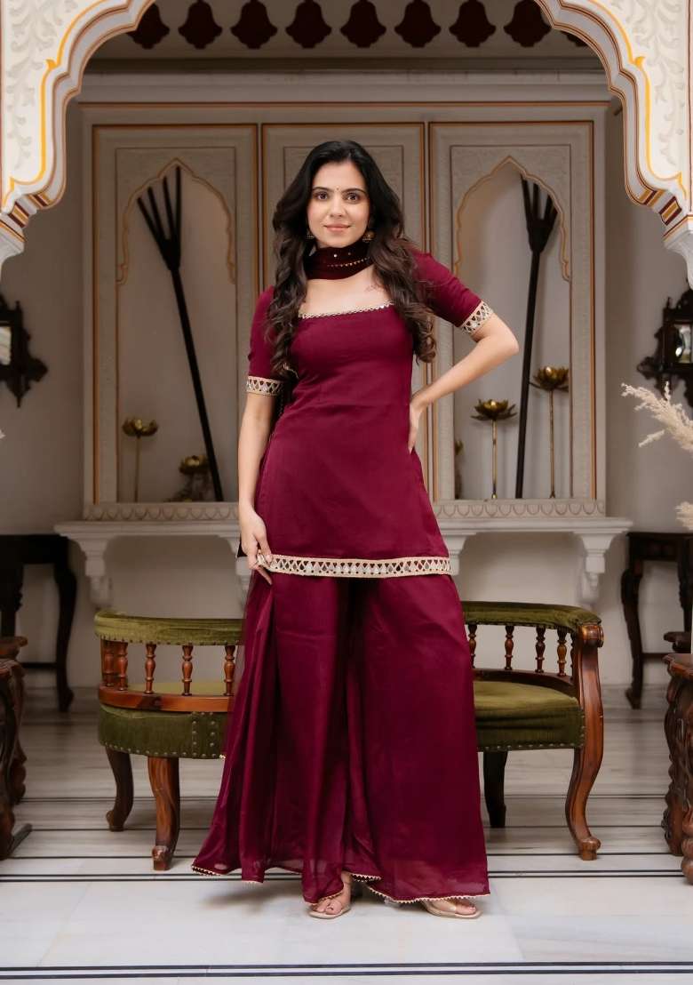 Maroon Embroidery Georgette Palazzo Set - Indya