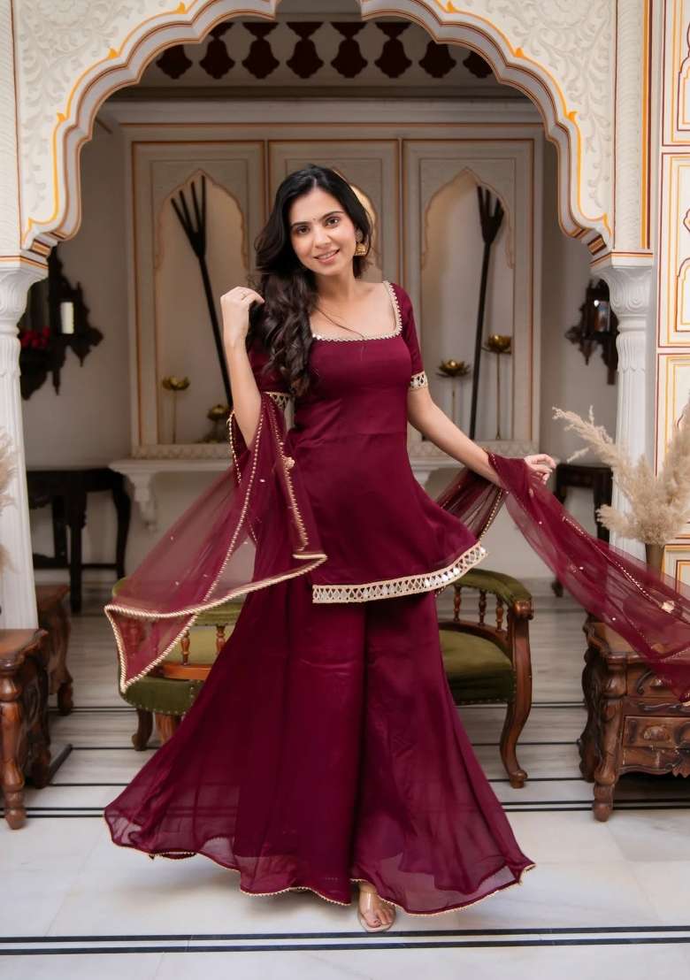 Maroon Embroidery Georgette Palazzo Set - Indya