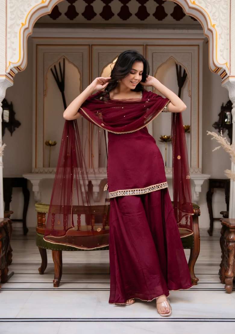Maroon Embroidery Georgette Palazzo Set - Indya
