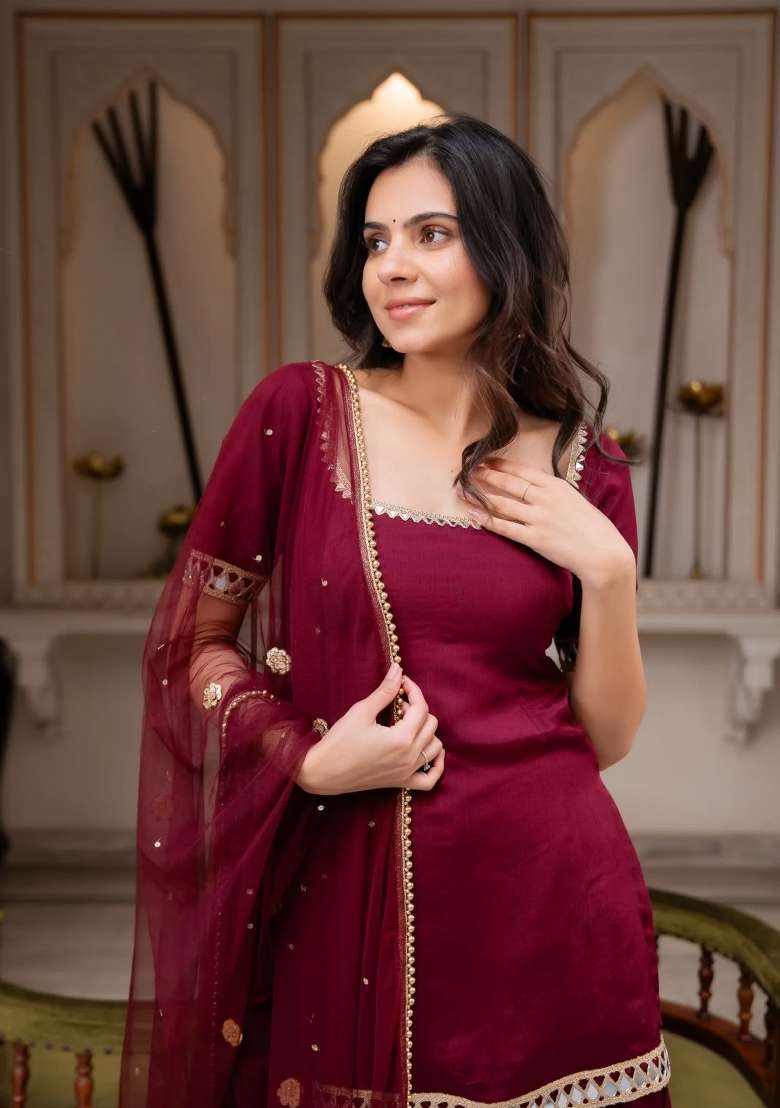 Maroon Embroidery Georgette Palazzo Set - Indya