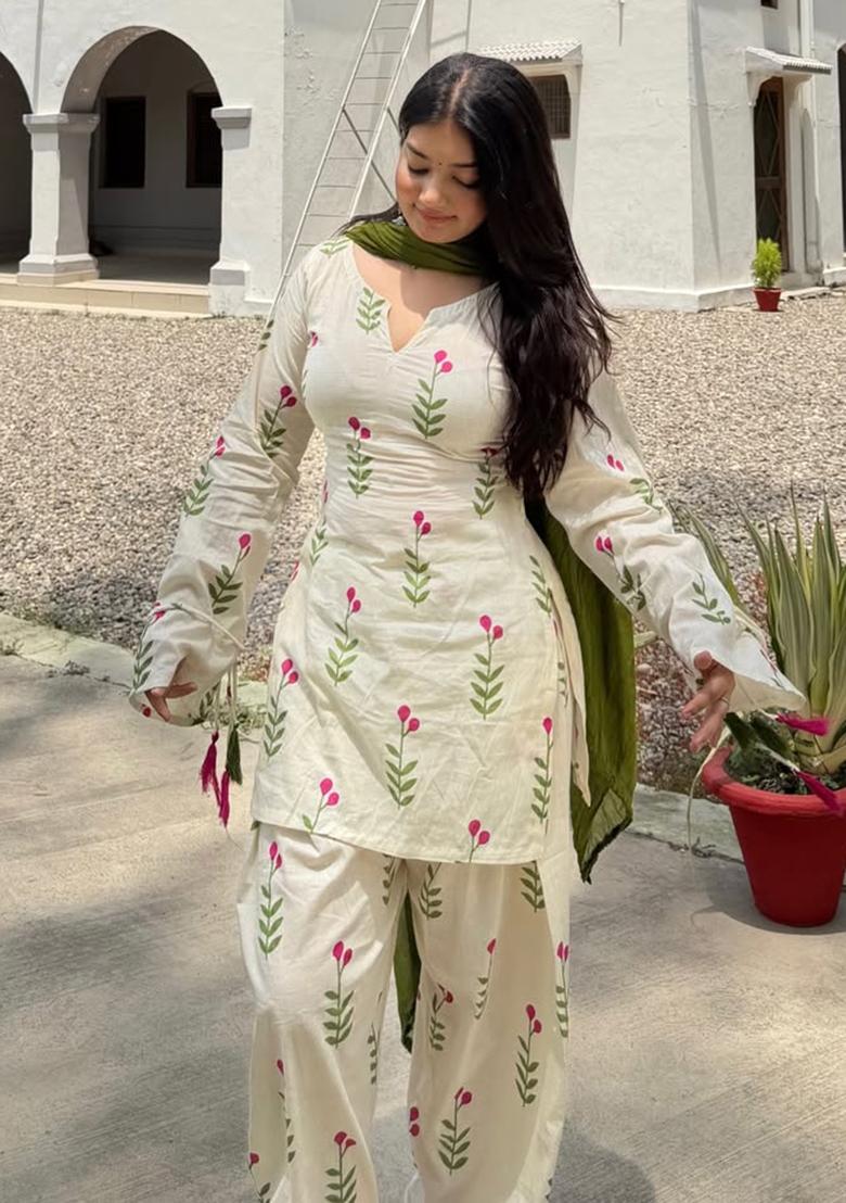 Green Printed Cotton Kurta Set - Indya