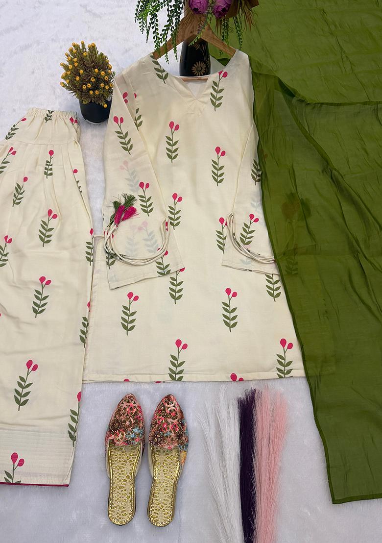 Green Printed Cotton Kurta Set - Indya